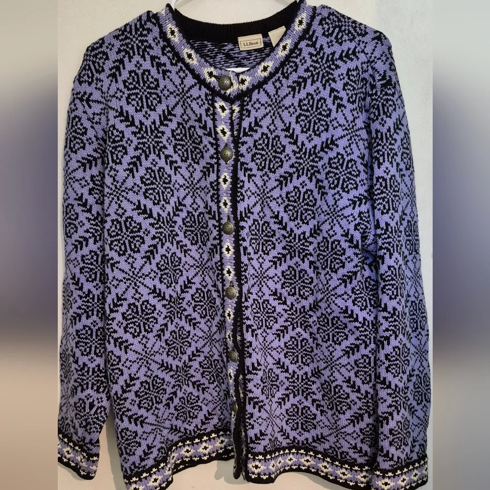 L.L. Bean Vintage Nordic Fair Isle Lavender and Black  Cardigan SZ.XL - Picture 4 of 7